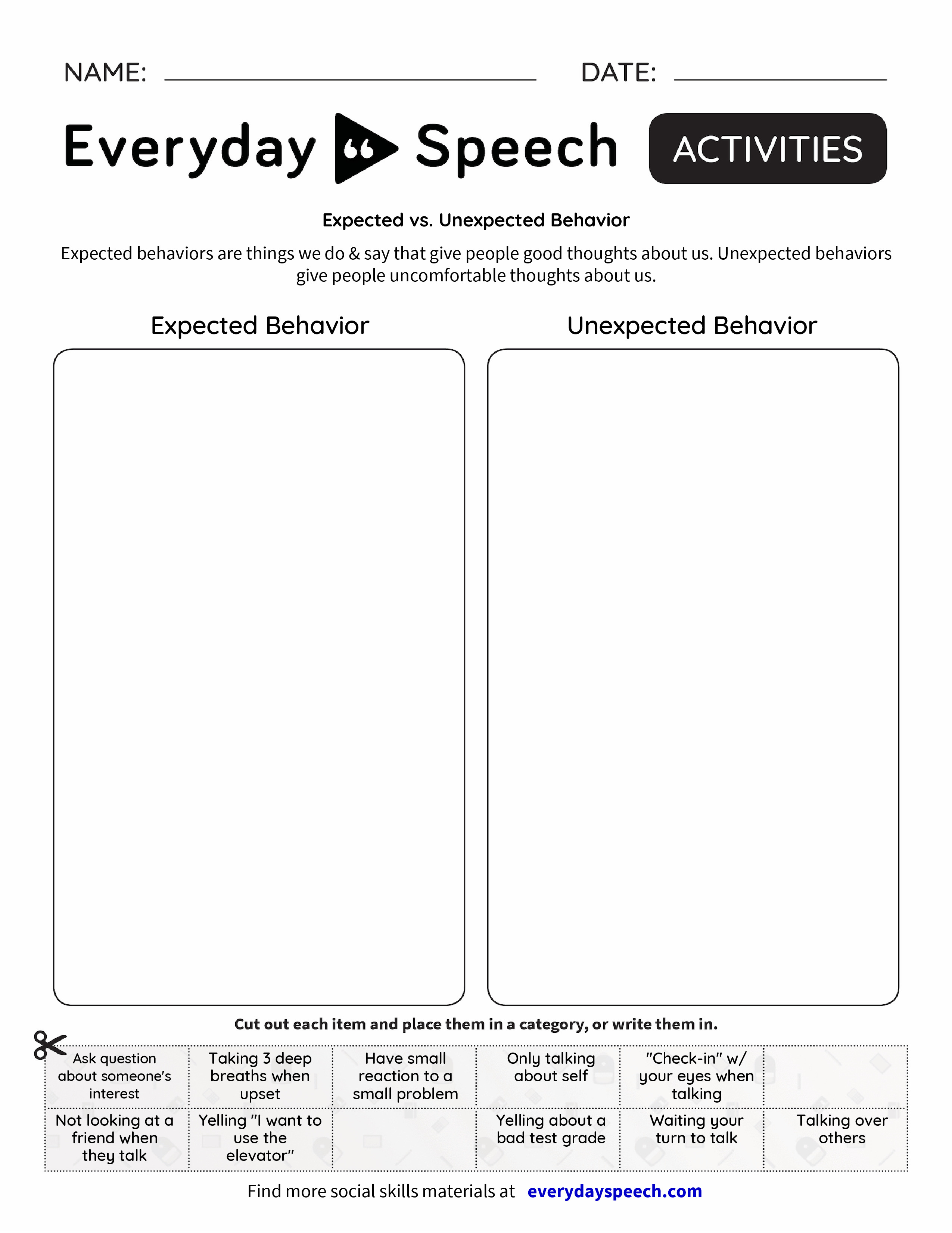 Expected Unexpected Behavior Worksheet Kindergarten