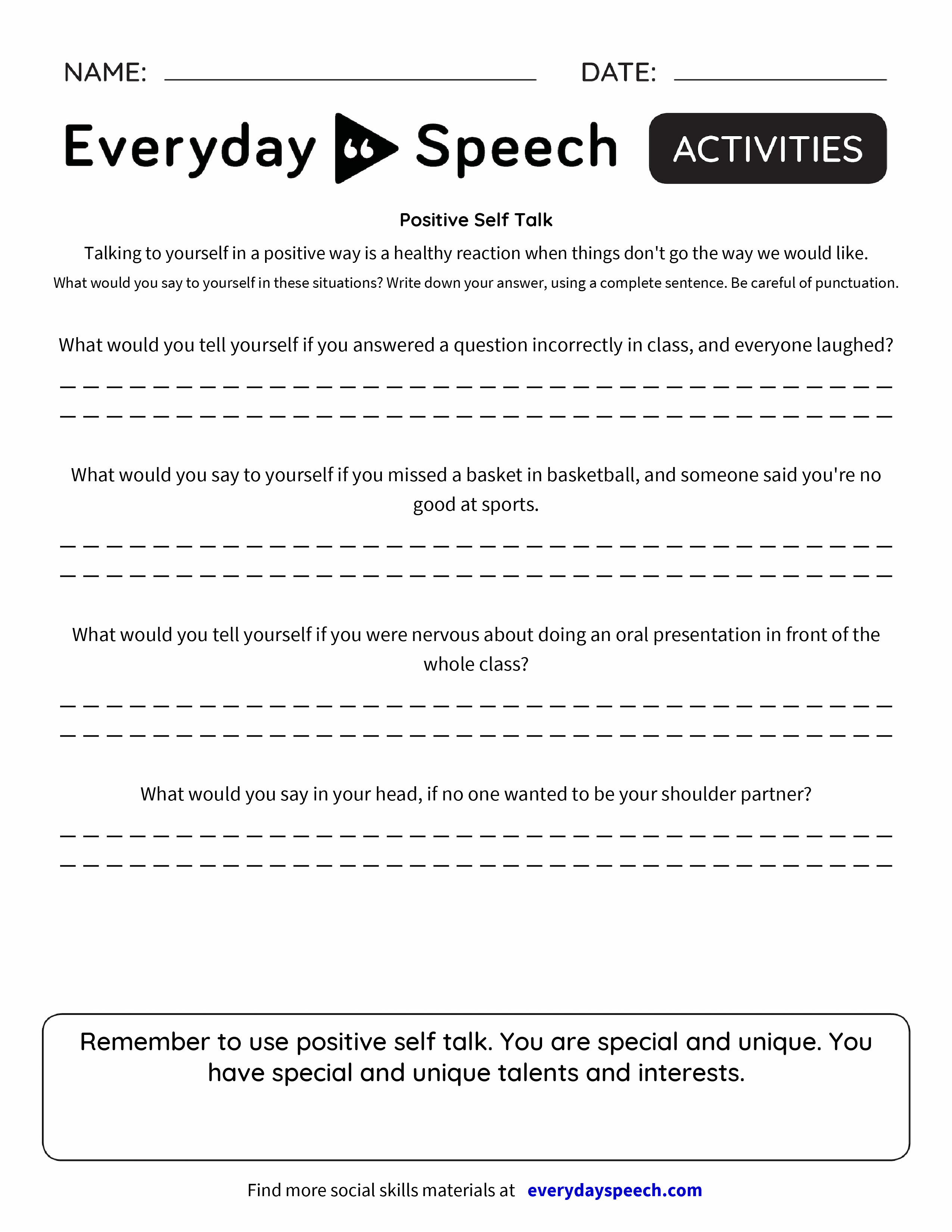 ted talk worksheet answers Within Positive Self Talk Worksheet