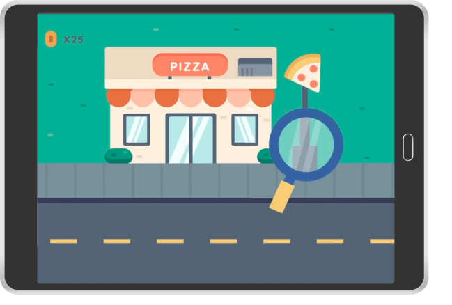 illustration of a pizza shop with a magnifying glass
