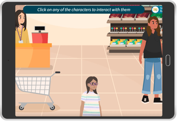 illustration of three characters in a grocery store