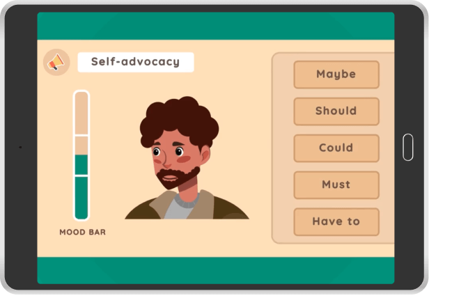 illustration of man with self-advocacy words listed and a mood bar