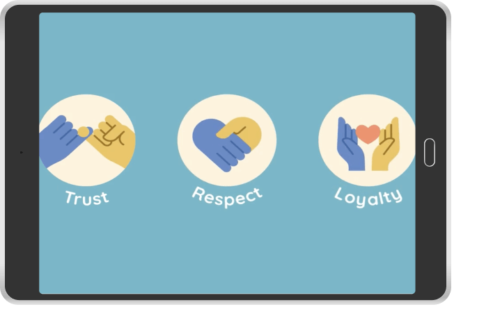 illustrations of hands and the words "trust," "respect," and "loyalty"