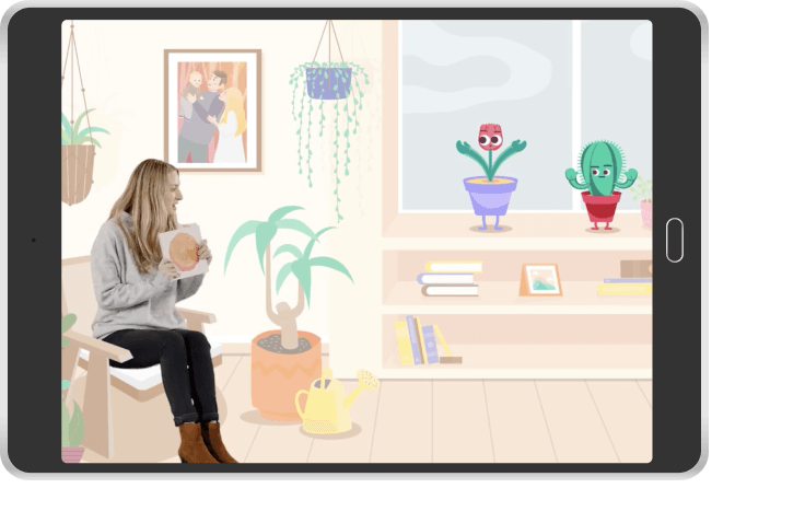 woman in an illustrated room with plants