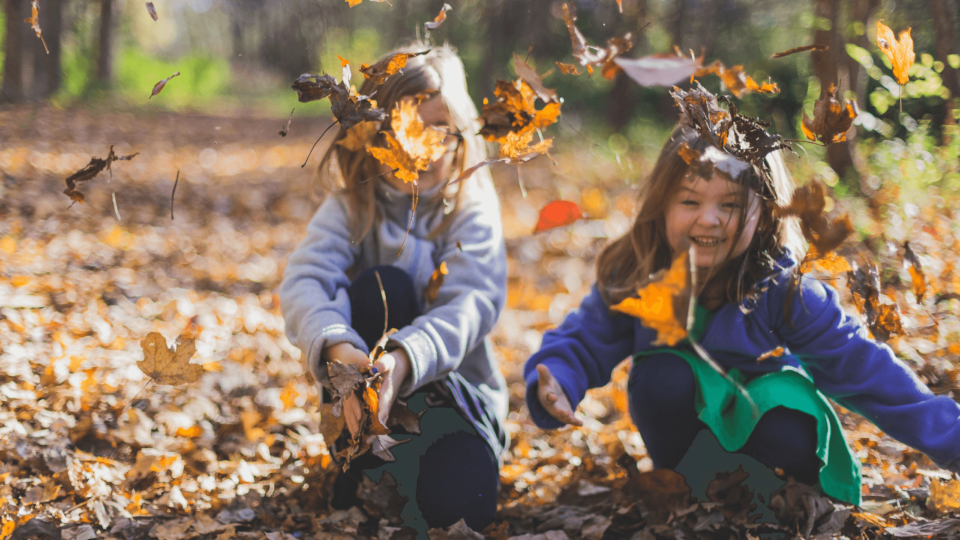 children playing in leaves