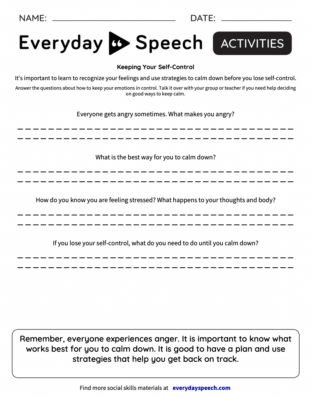 Free High School Self Regulation Material Everyday Speech