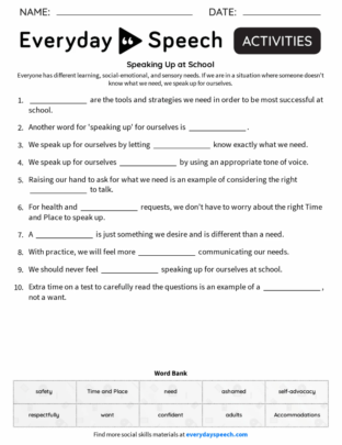 speaking up at school worksheet