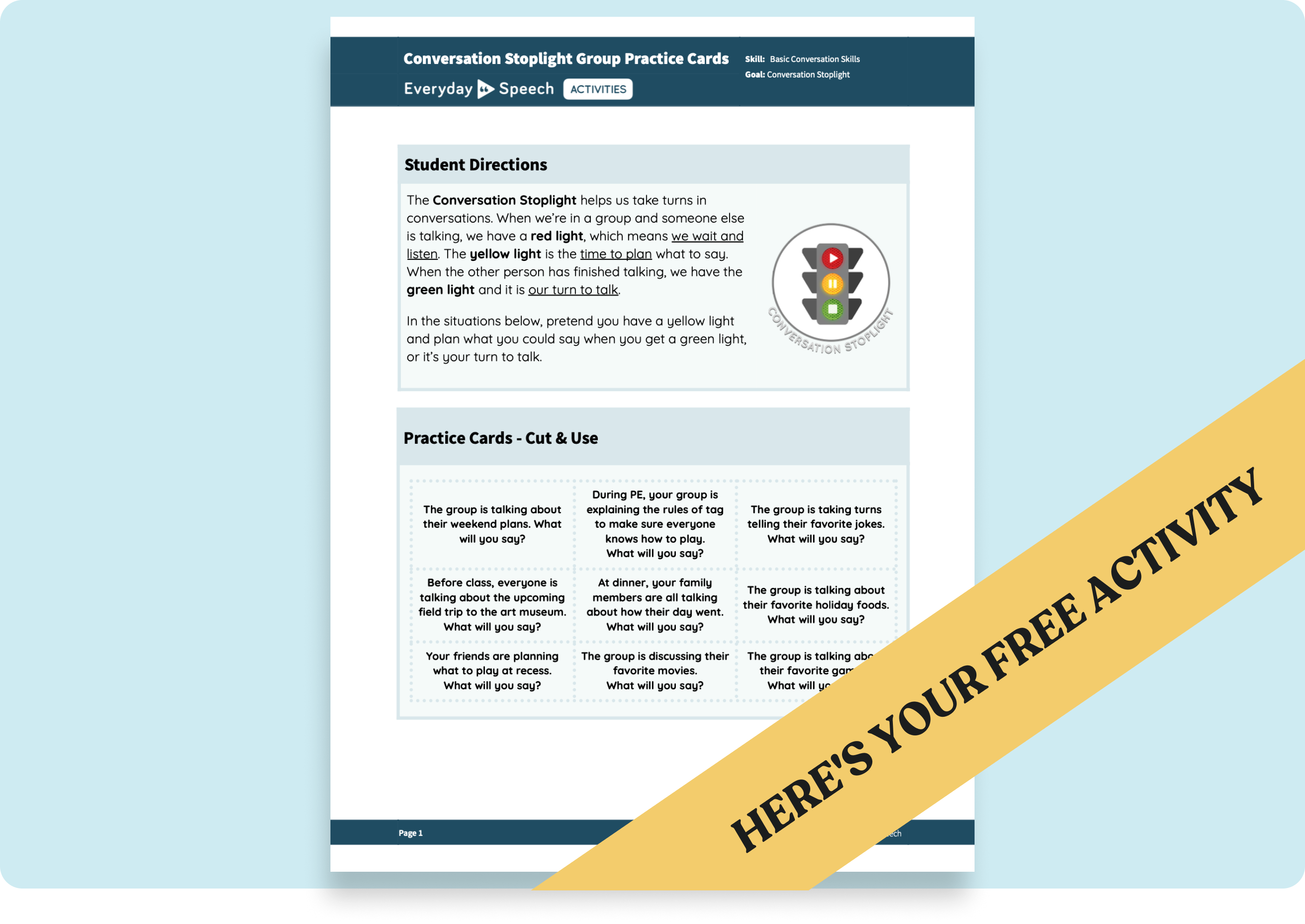 Conversation Skills Activity for Elementary: Conversation Stoplight Practice Cards