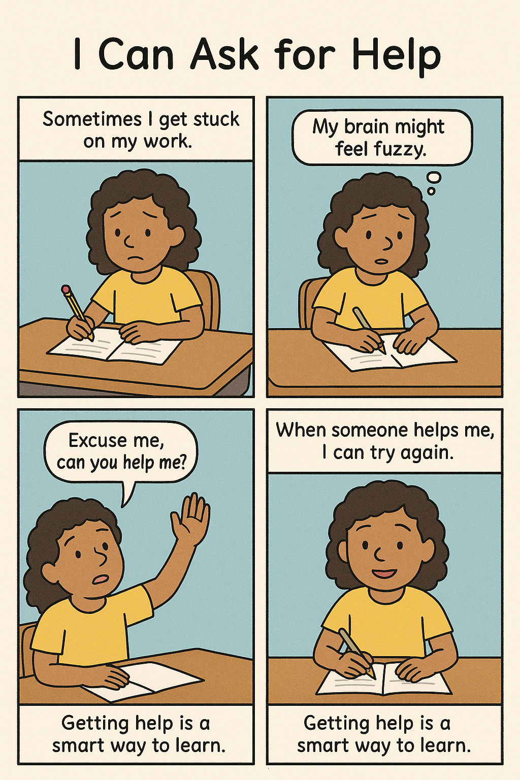An example social story for teaching how to ask for help. A student feels stuck on an assignment, raises their hand, and receives support so they can try again.