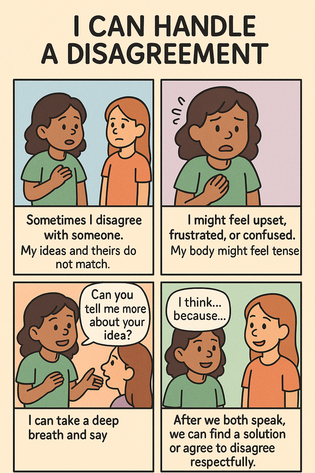 This social story example models how to handle disagreements respectfully. Two students express their feelings, take turns sharing their ideas, and work toward a solution or respectful disagreement.