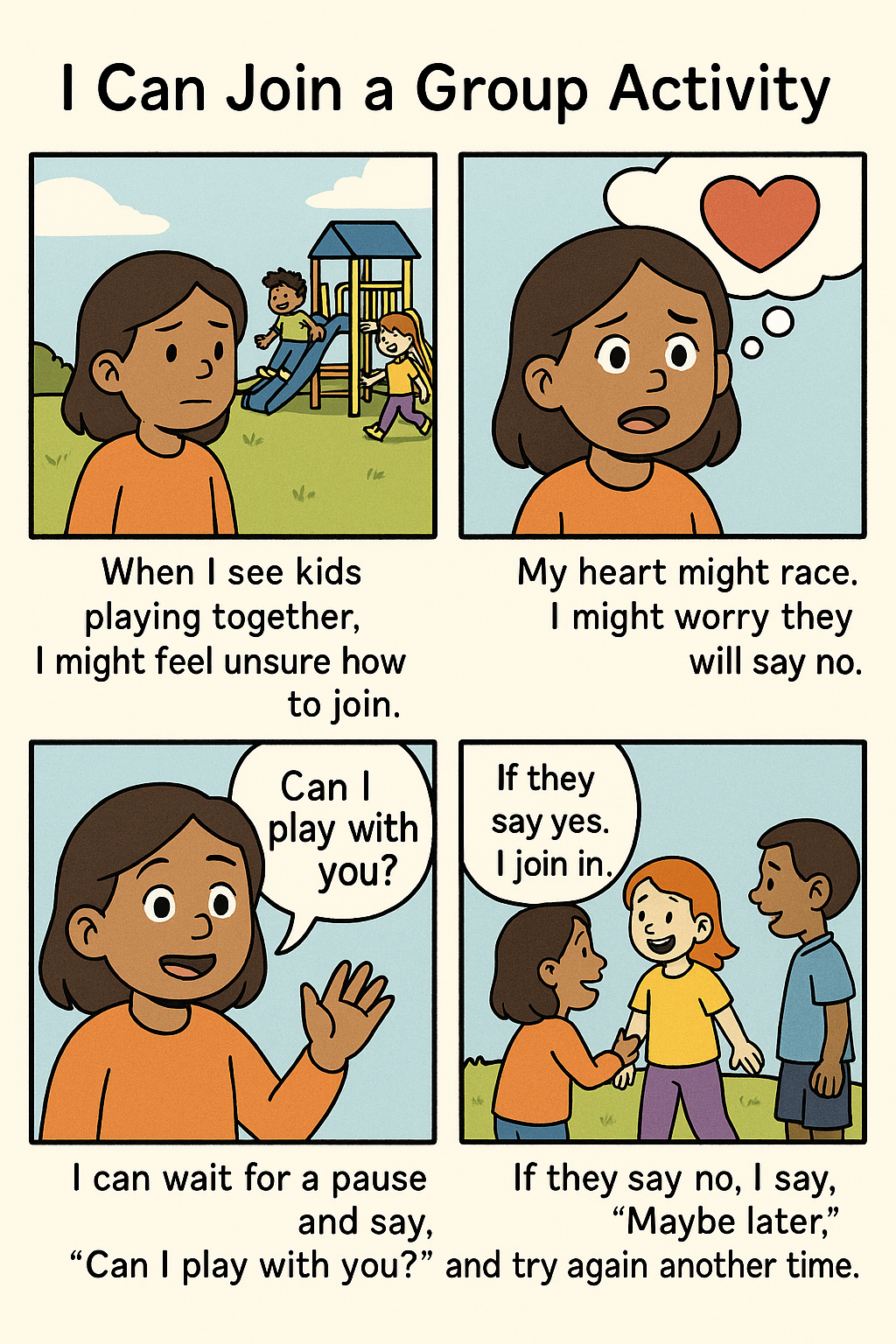 A social story example for joining group activities. A child feels nervous about joining play, asks to participate, and learns how to respond if invited in or told to try again later.