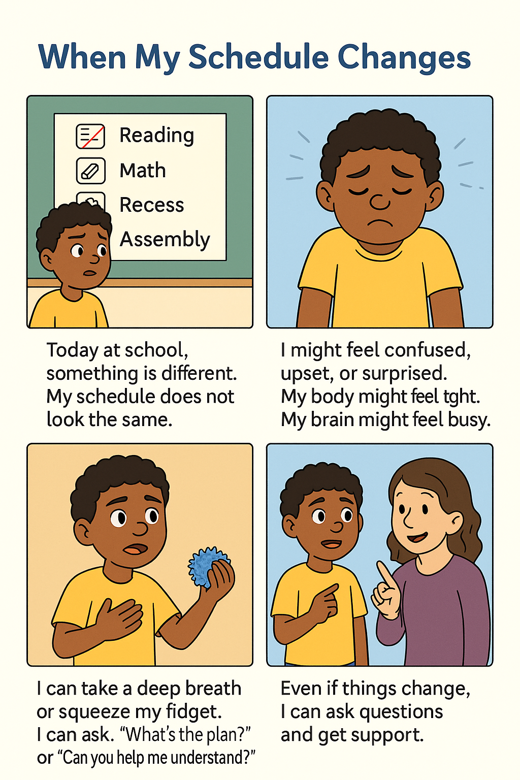 An example social story for handling schedule changes at school. A child notices the schedule is different, feels overwhelmed, uses a coping strategy, and asks for help.