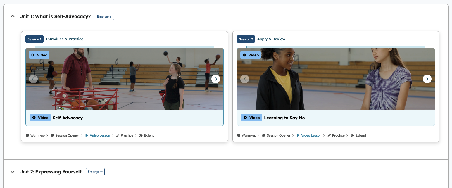 Unit page featuring Session 1: Introduce and Practice, and Session 2: Apply and Review