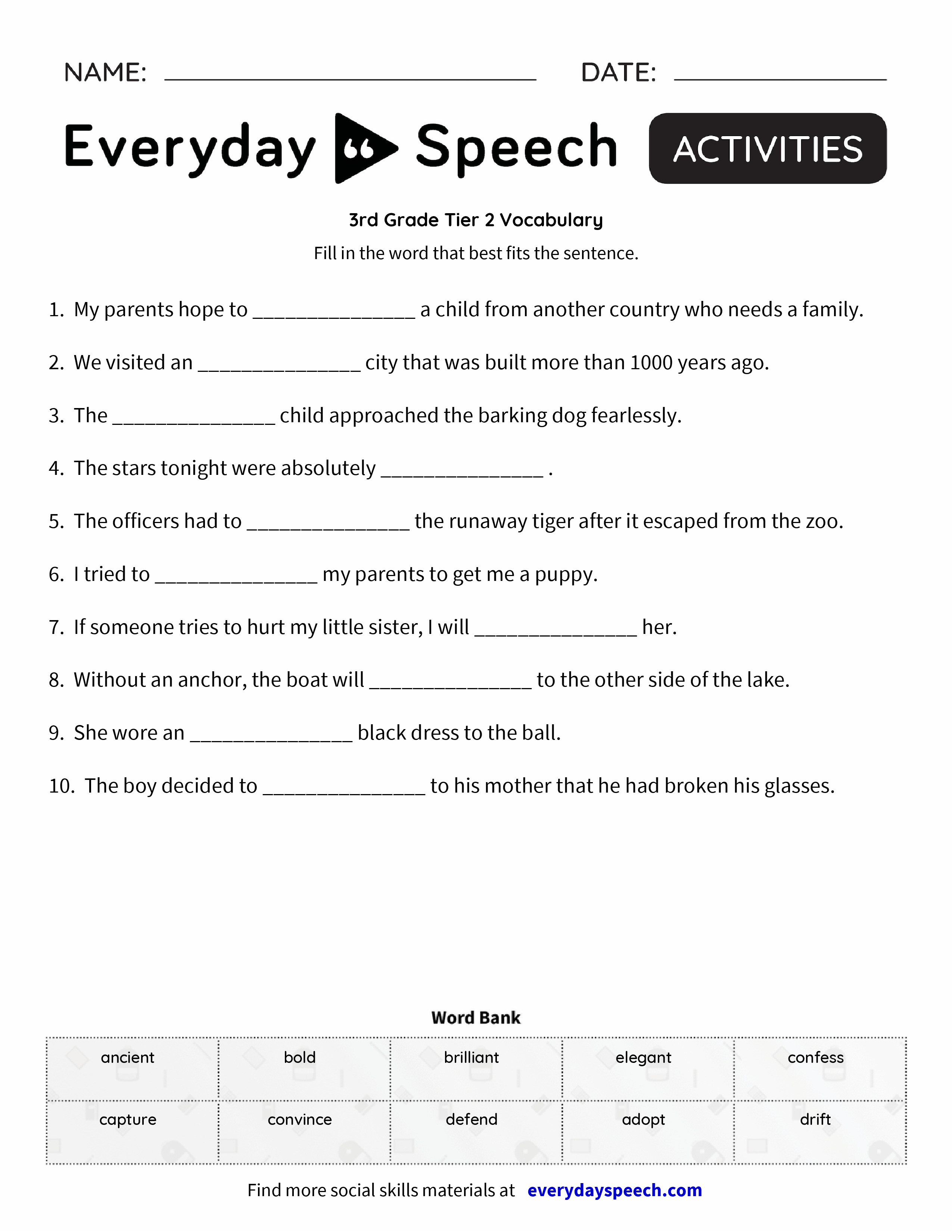 3rd grade tier 2 vocabulary fill in the blank worksheet