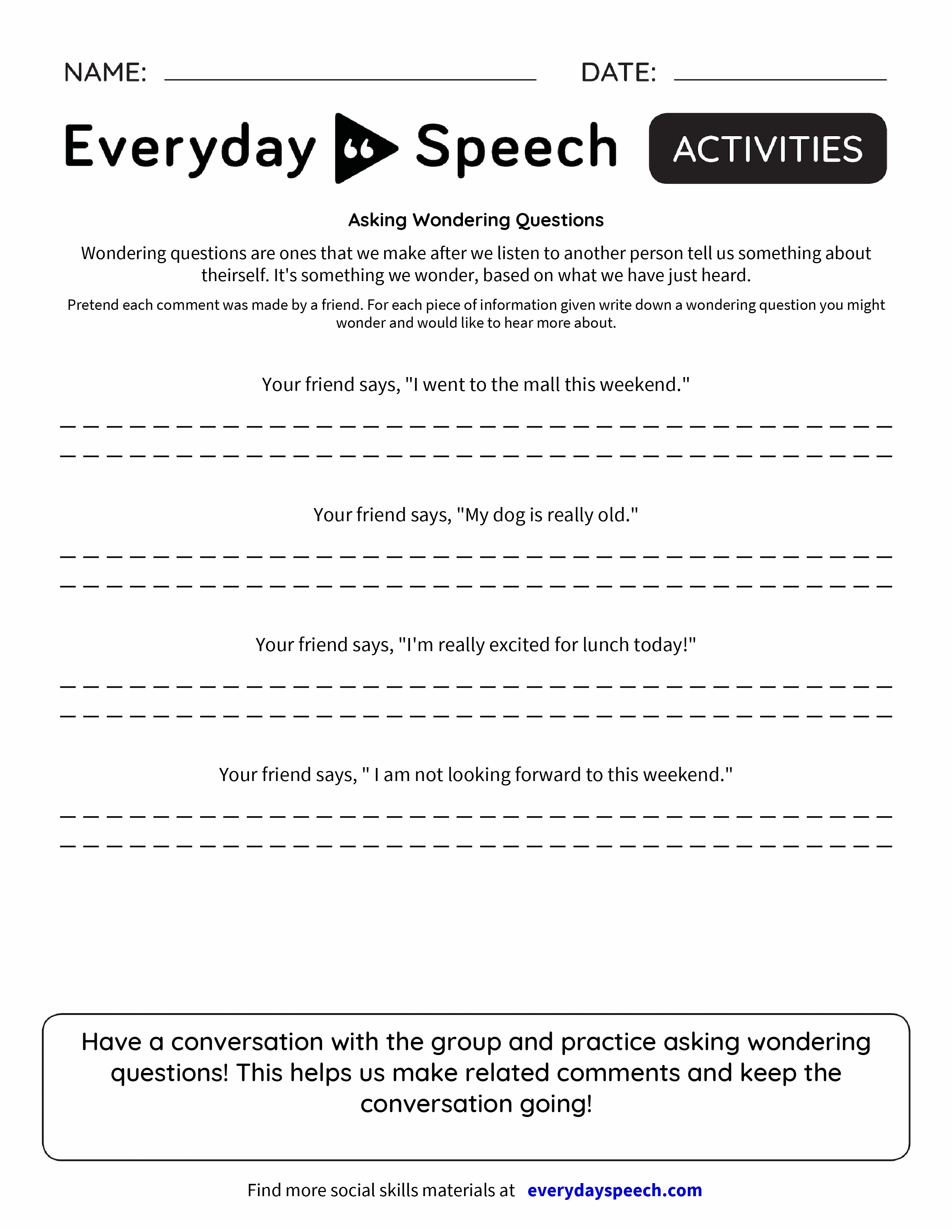 asking wondering questions q and a worksheet