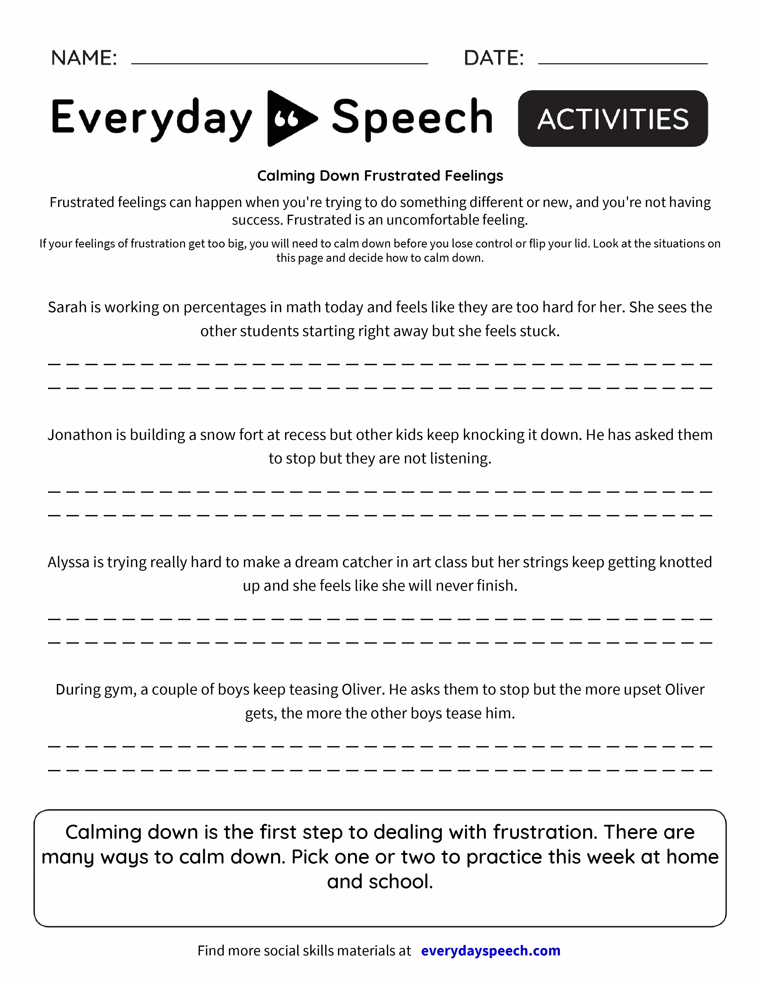 calming down frustrated feelings q and a worksheet