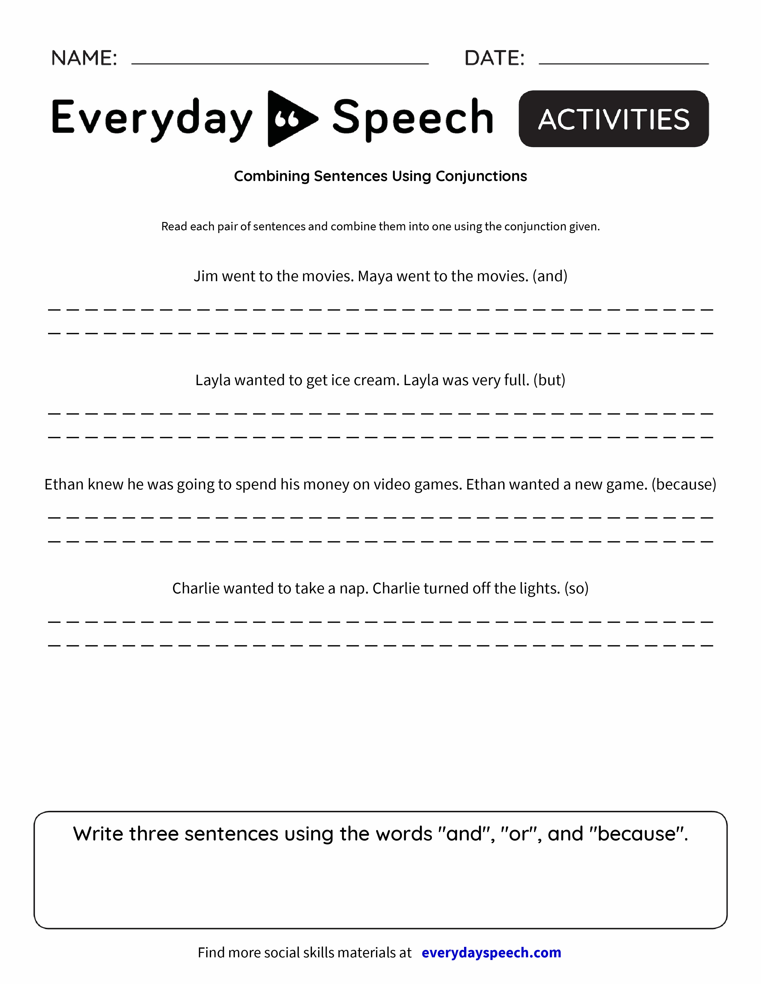 Combining Sentences Using Conjunctions Worksheets