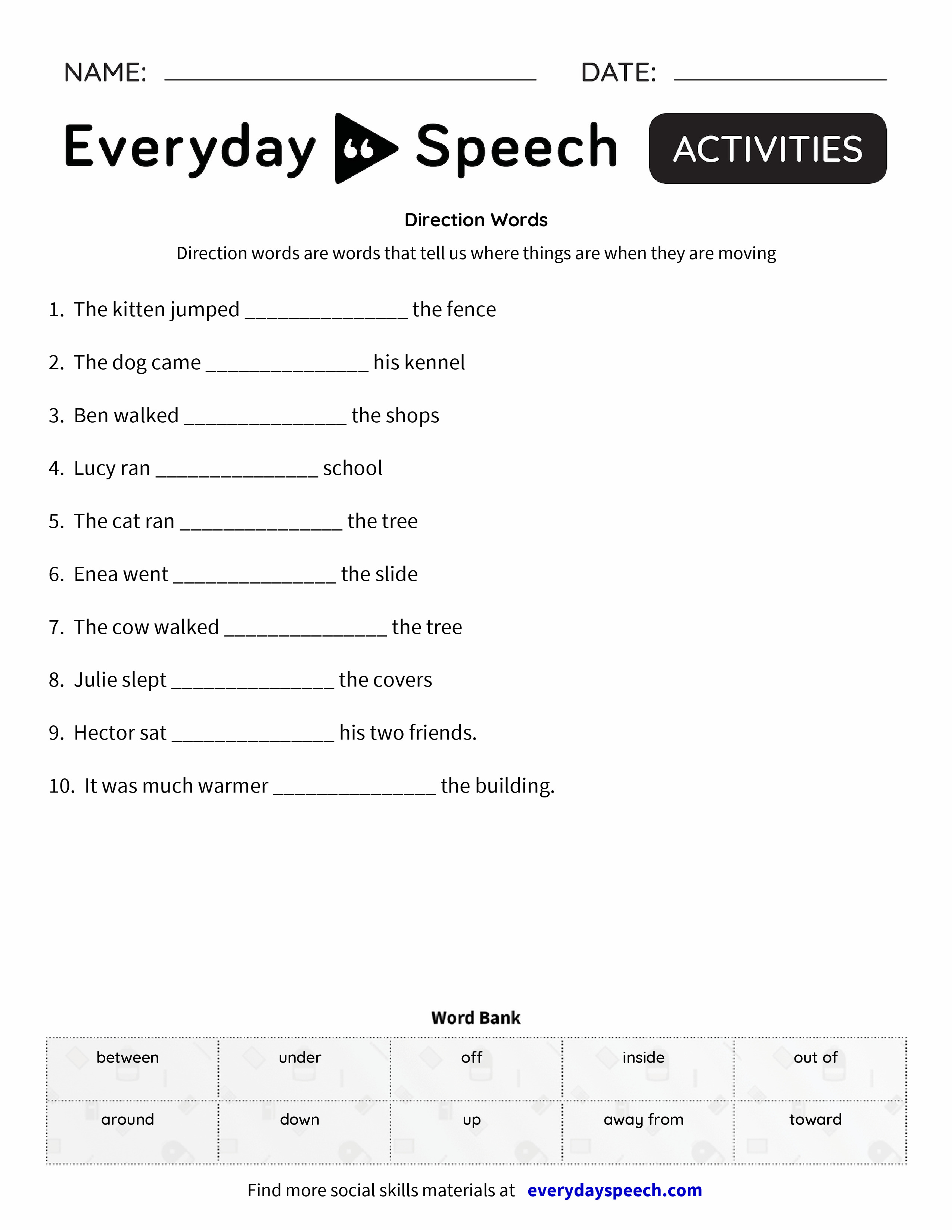 direction words fill in the blank worksheet