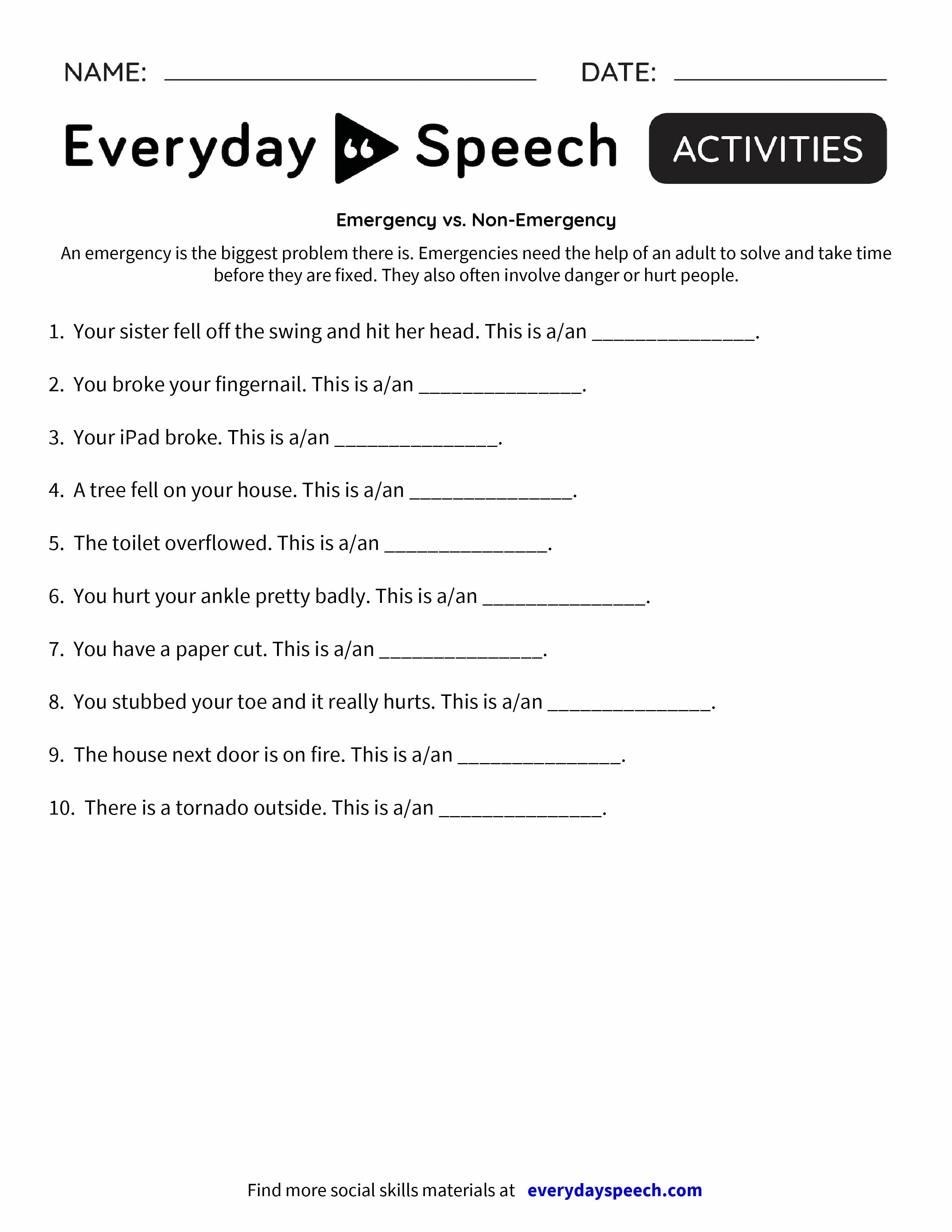 Emergency Vs Non Emergency Worksheet