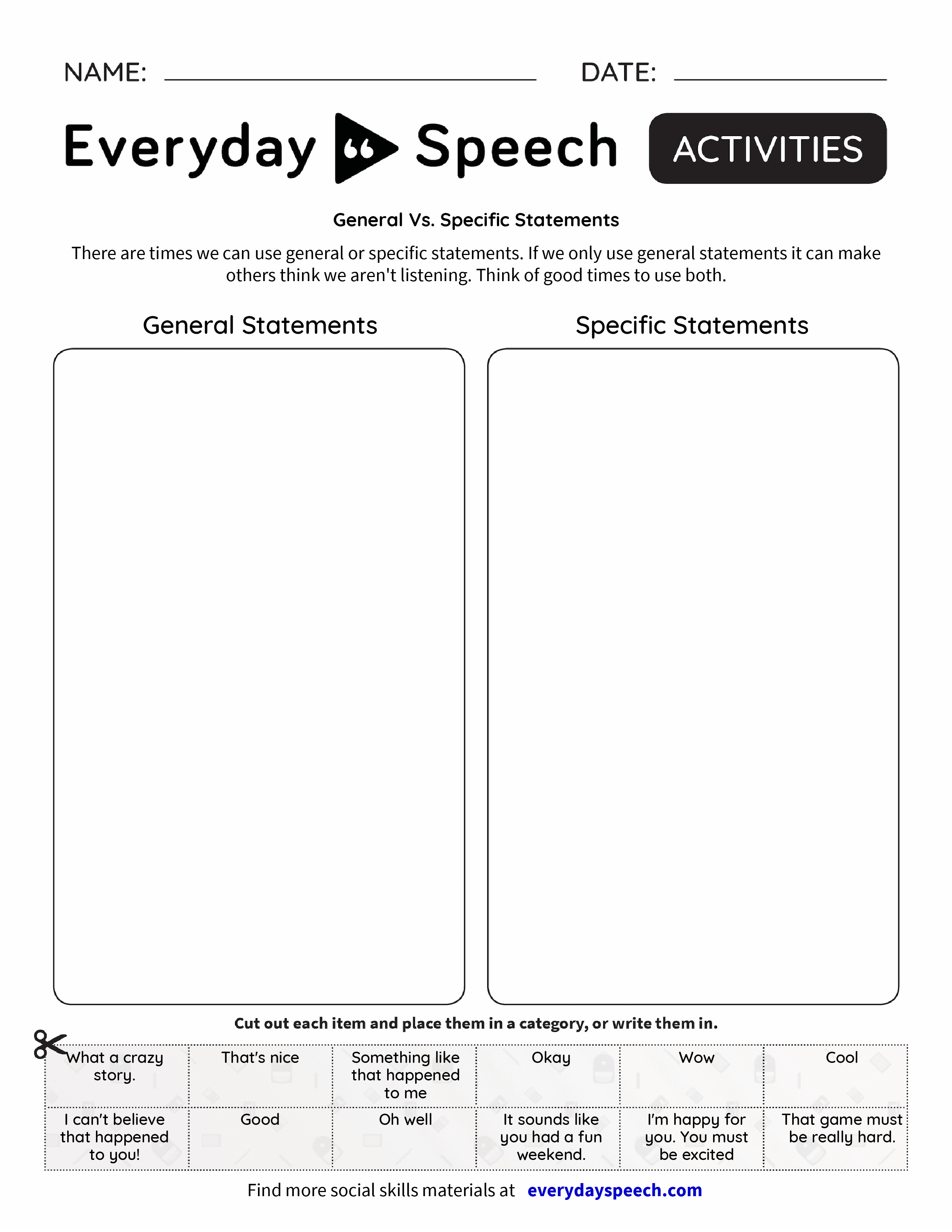 General Vs Specific Statements Everyday Speech Everyday Speech General Vs Specific Statements Everyday Speech Everyday Speech