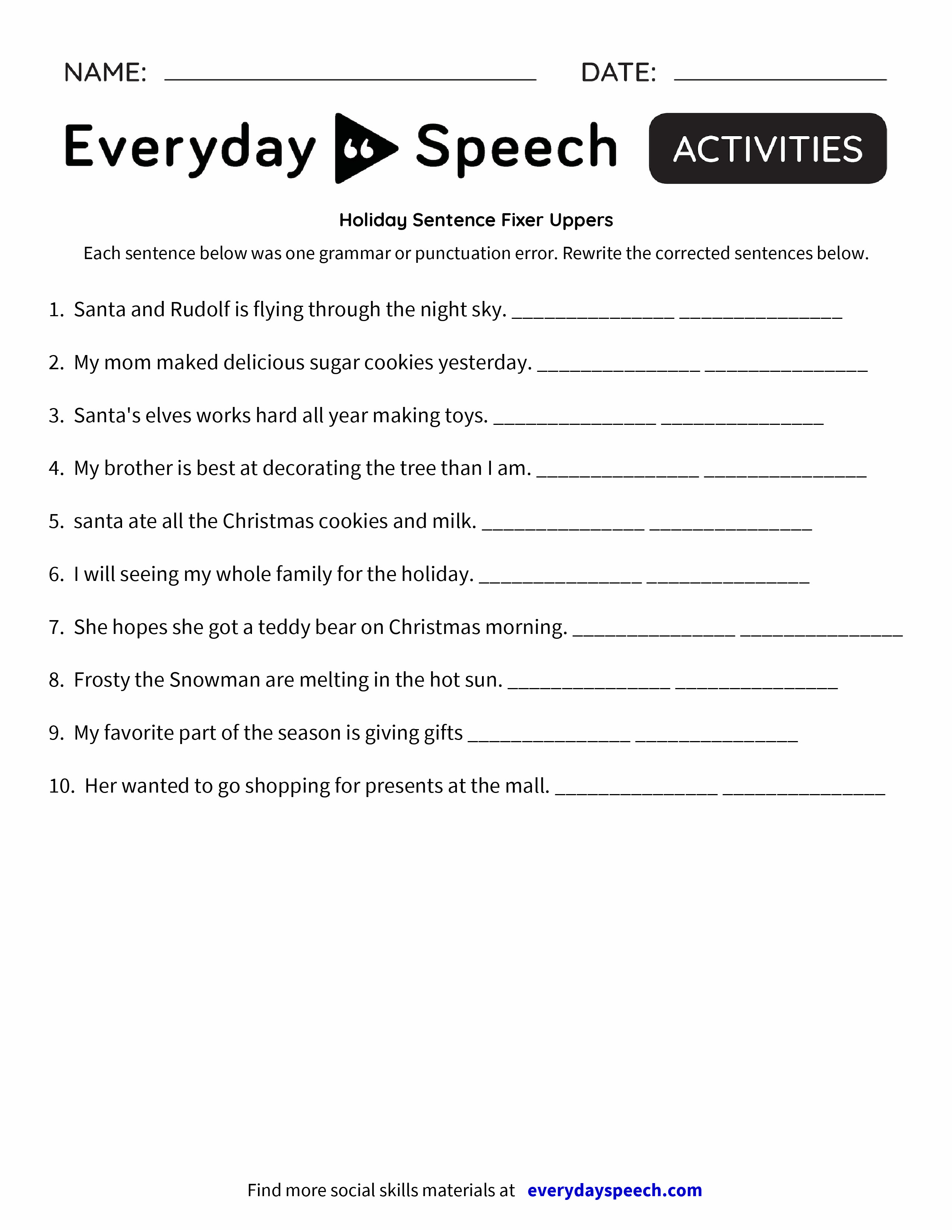 worksheet Part Of Speech Worksheet holiday sentence fixer uppers everyday speech preview