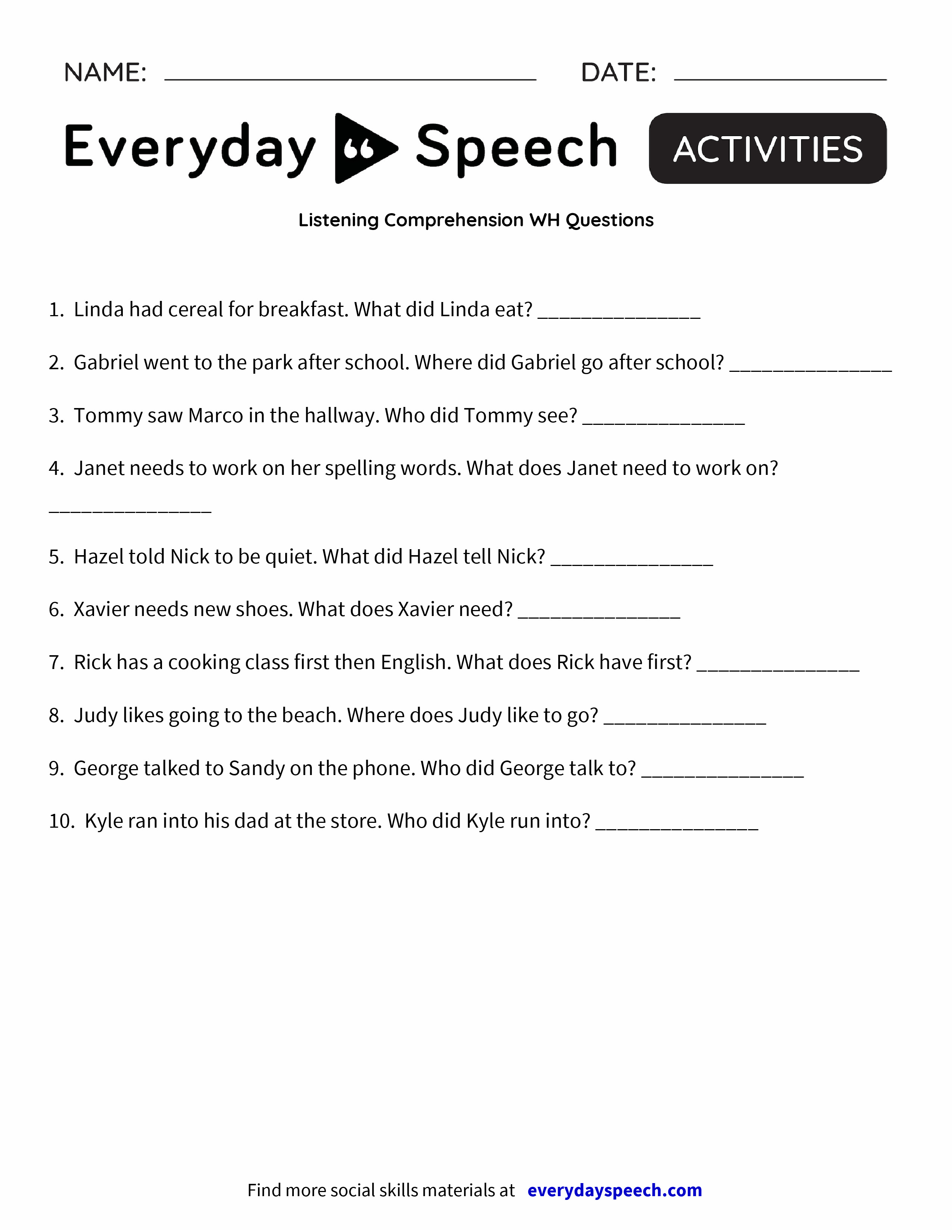 listening comprehension wh questions everyday speech everyday speech