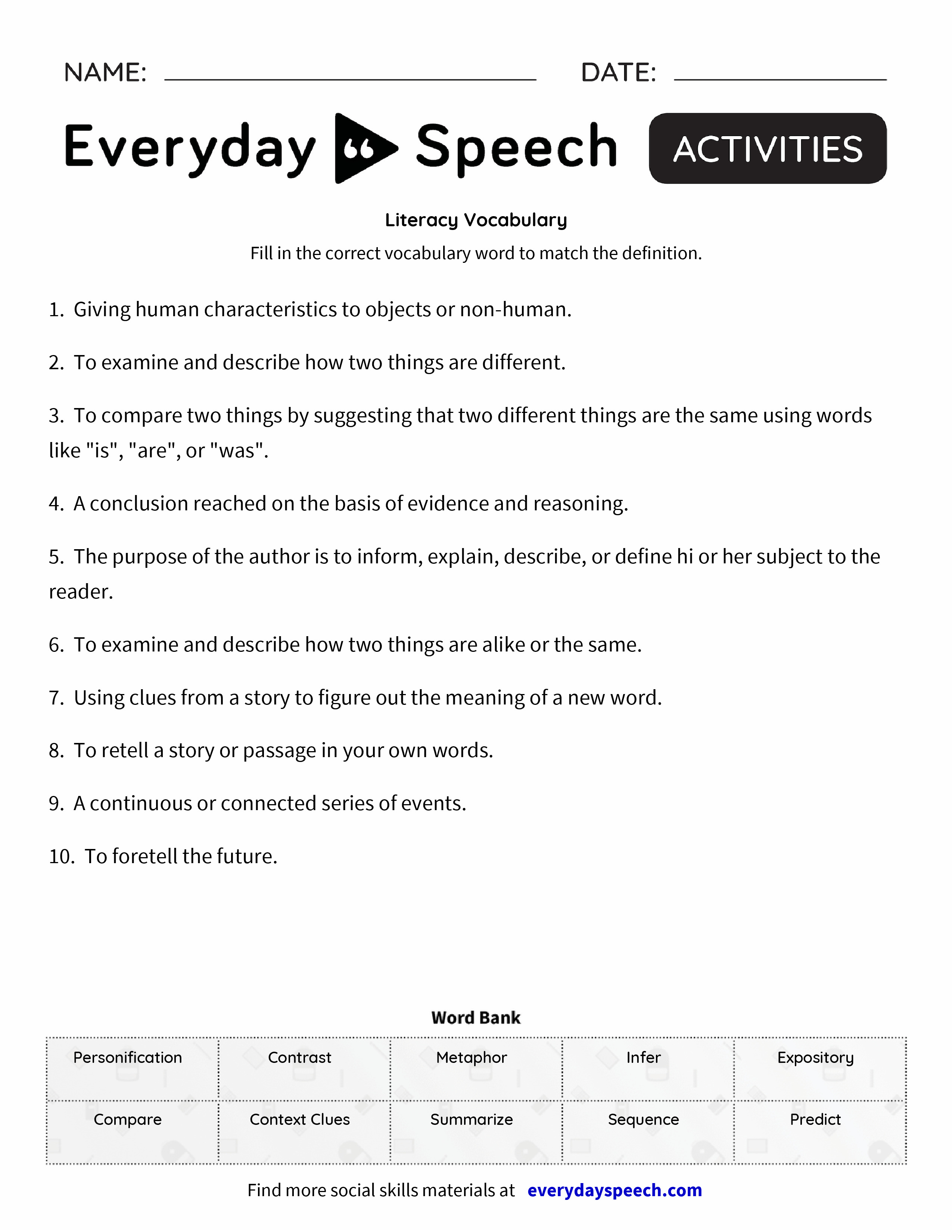 Literacy Vocabulary - Everyday Speech - Everyday Speech