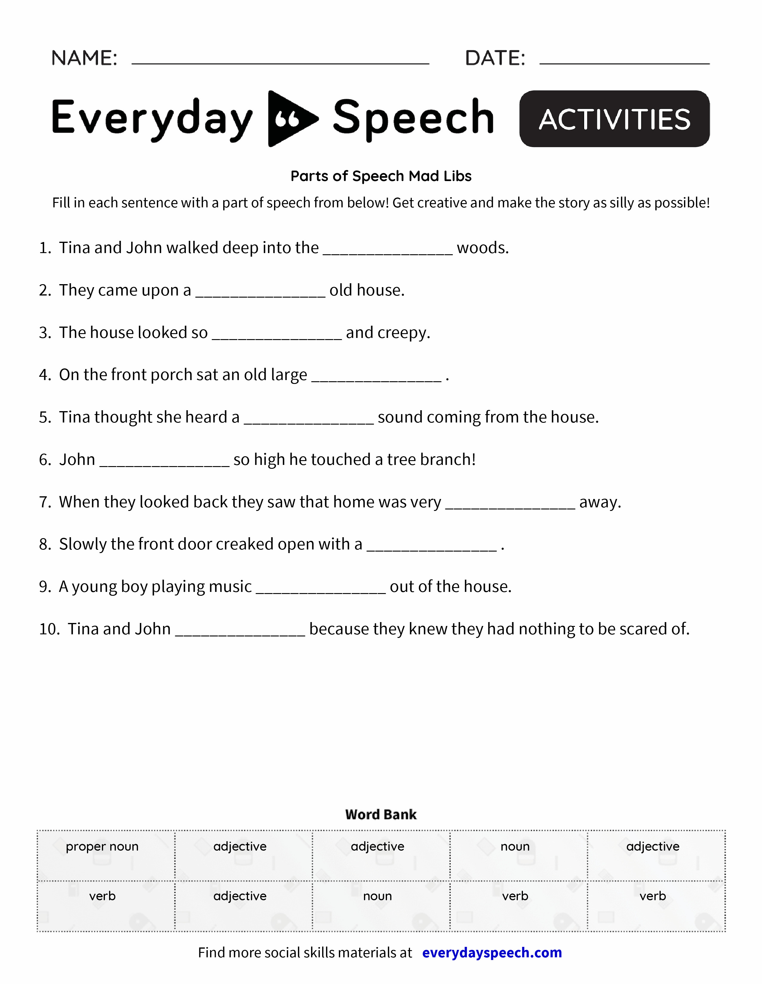 Parts Of Speech Worksheet Pdf