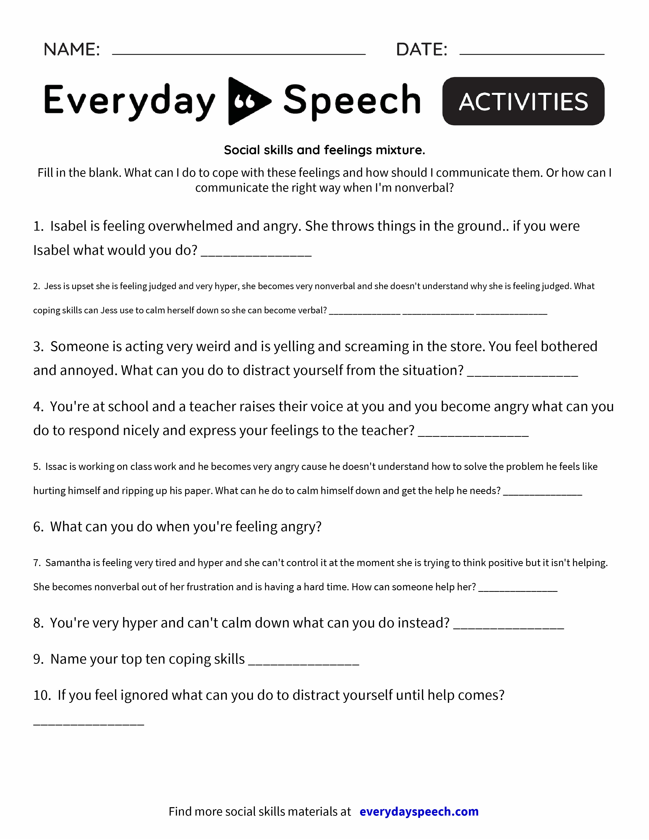 social skills and feelings mixture fill in the blank worksheet