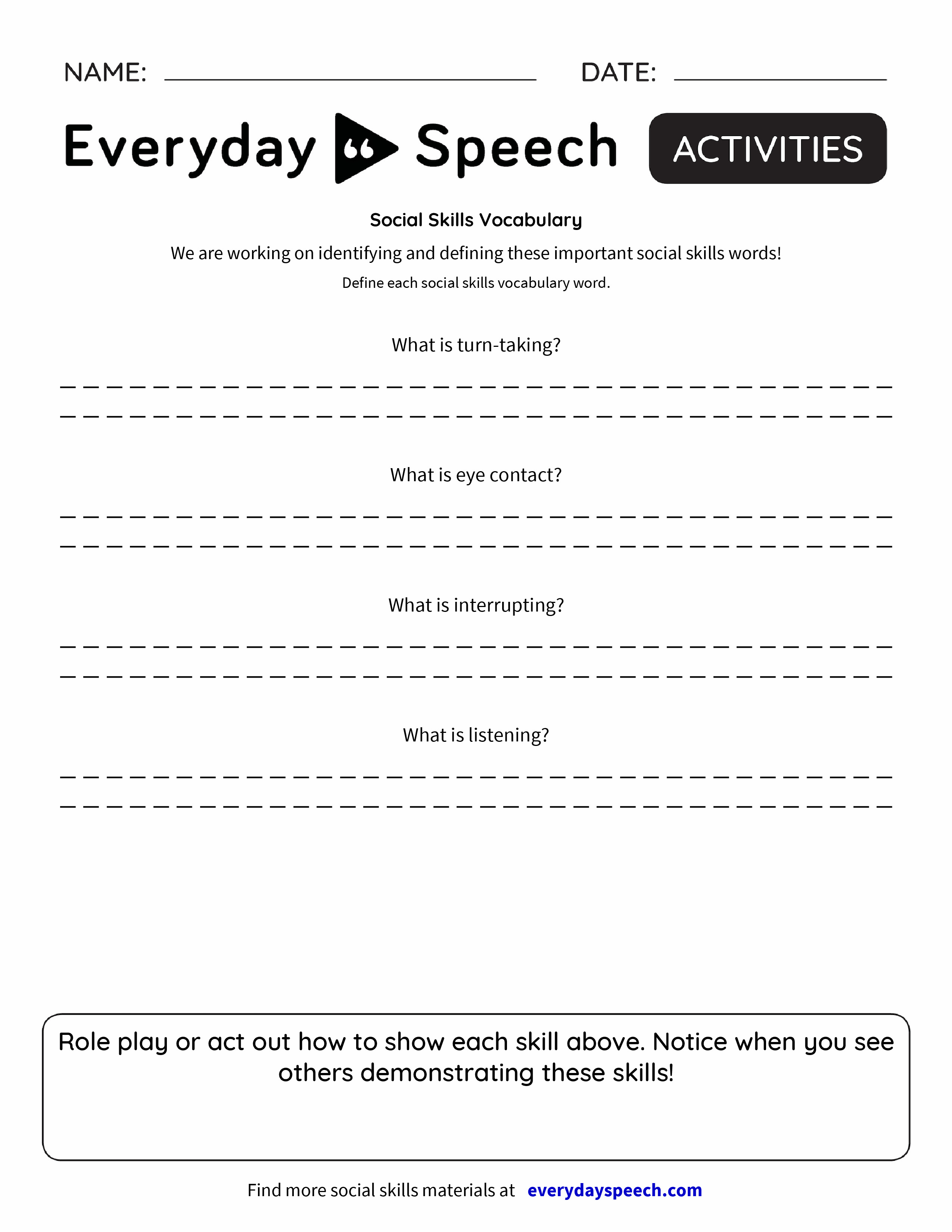 Social Skills Vocabulary Everyday Speech Everyday Speech