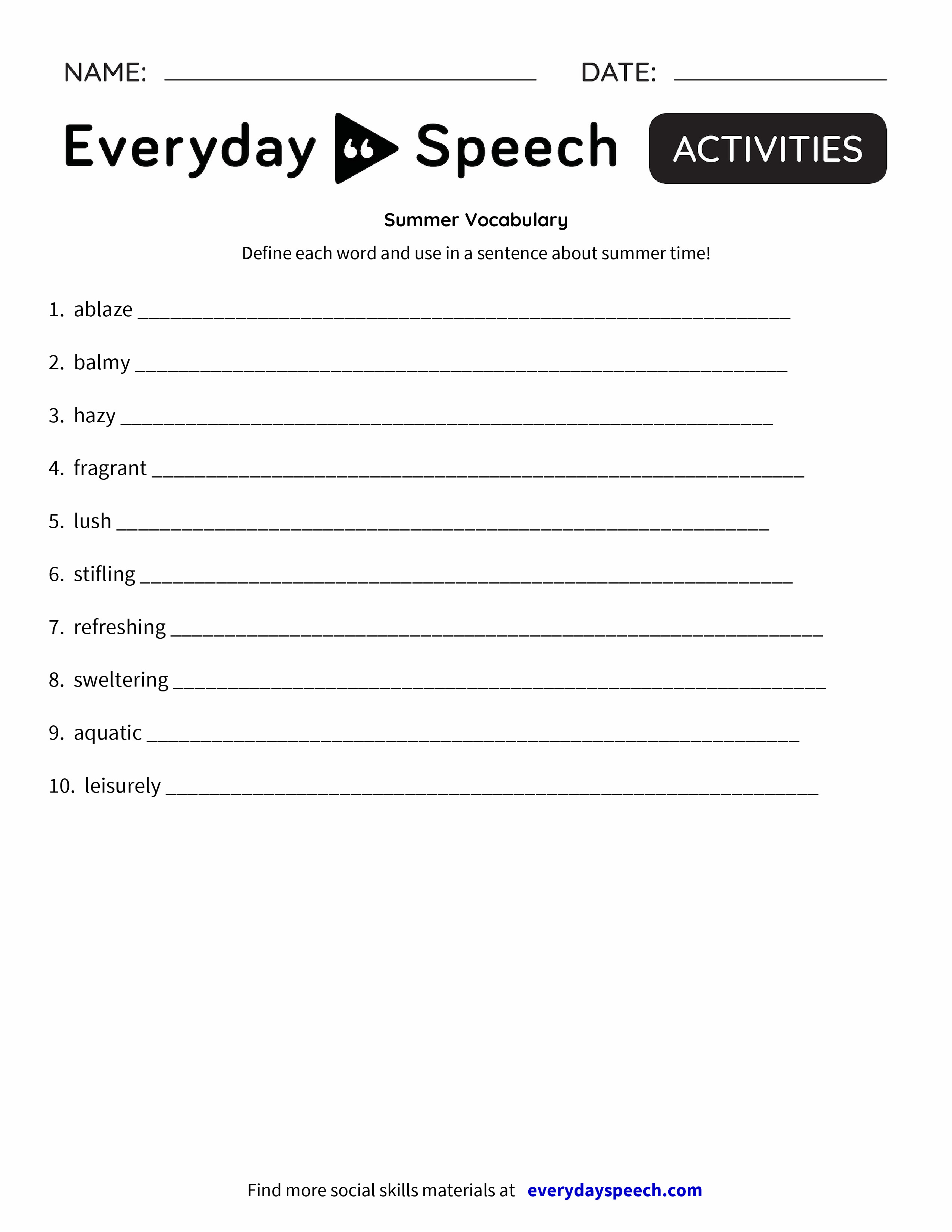 Summer Vocabulary - Everyday Speech - Everyday Speech