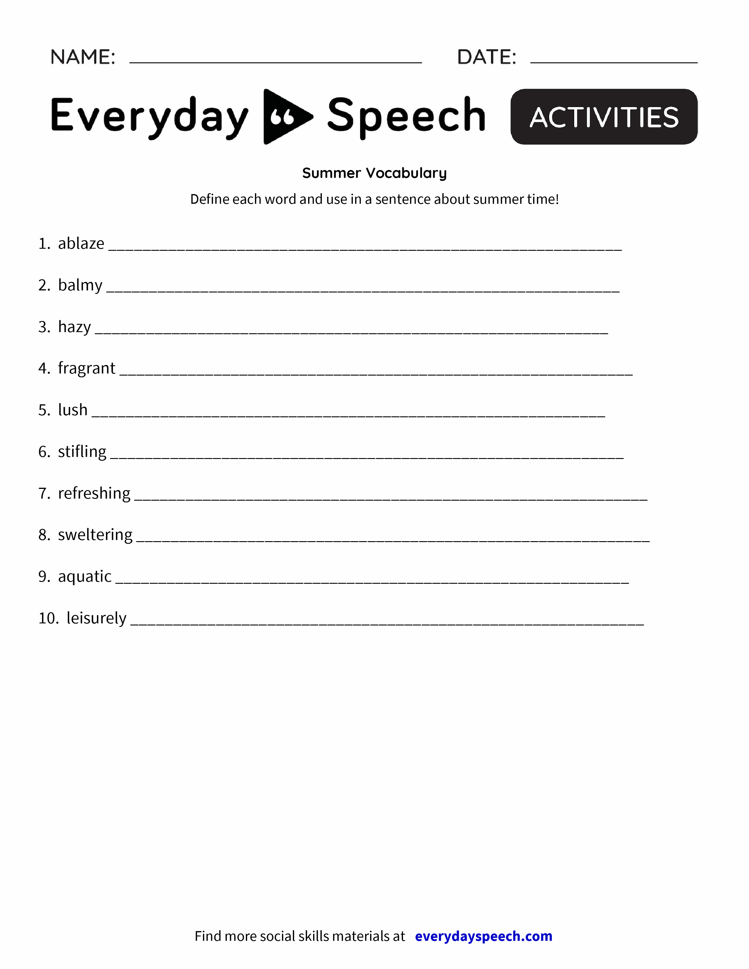 summer vocabulary everyday speech everyday speech