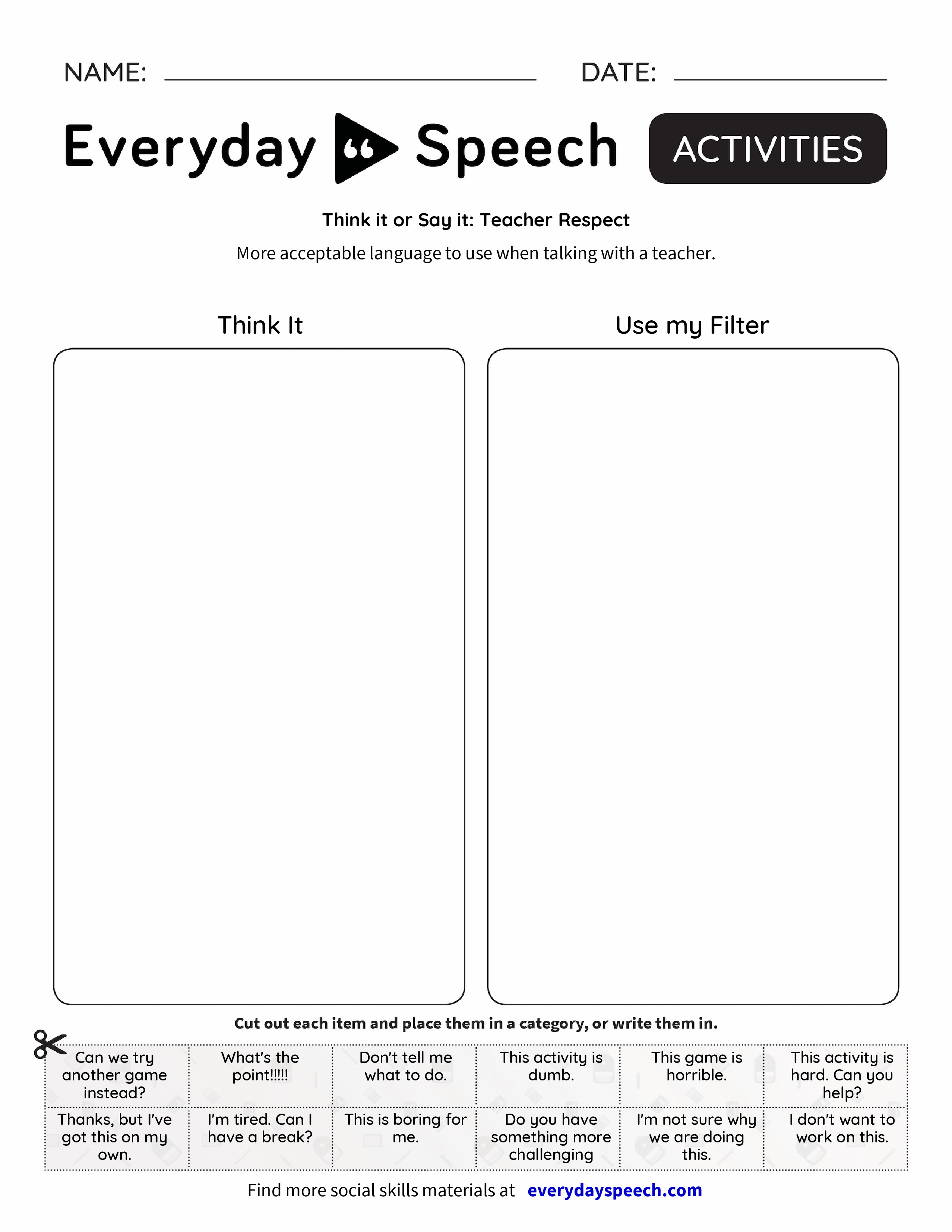 Think It Or Say It Teacher Respect Everyday Speech