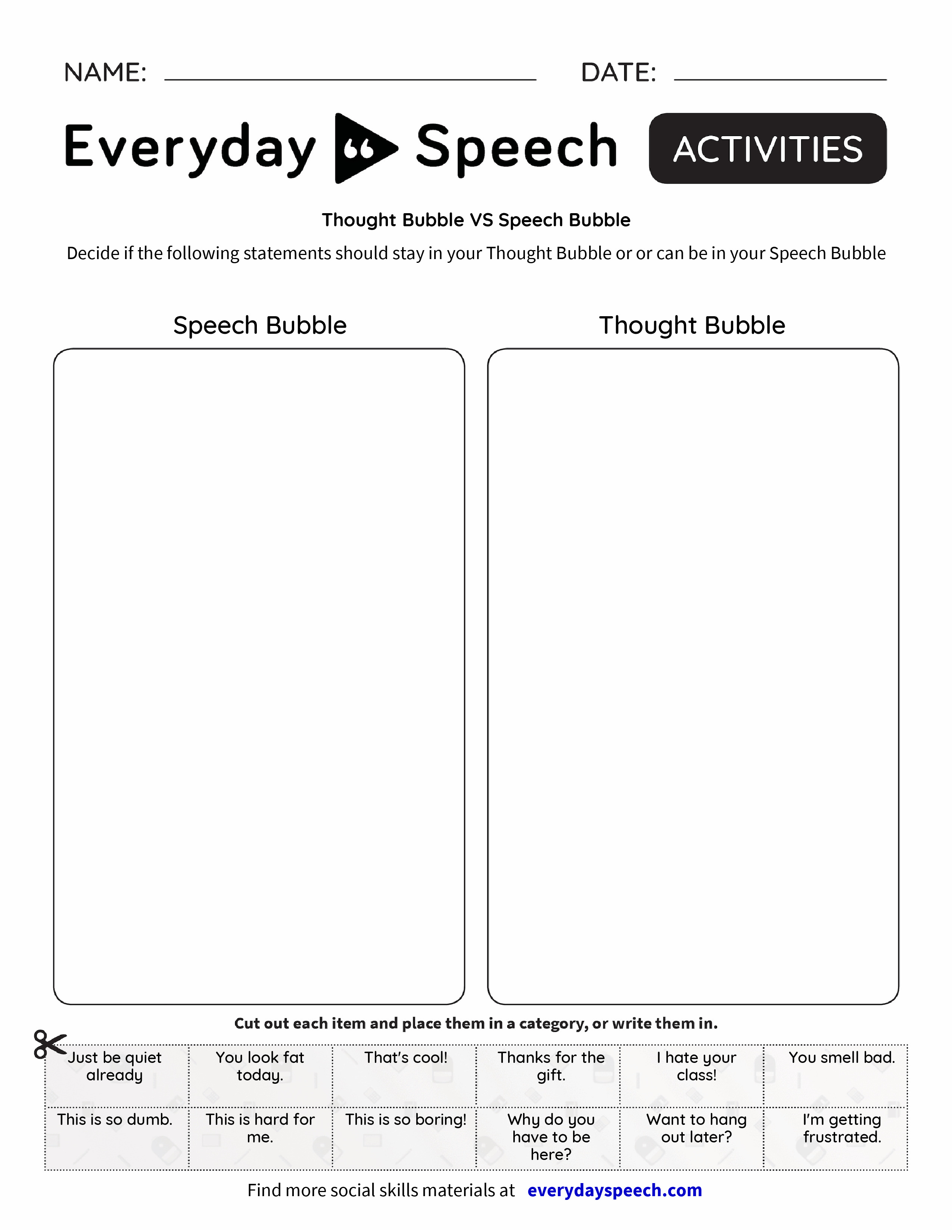 worksheet Thought Bubble Worksheet thought bubble vs speech everyday speech
