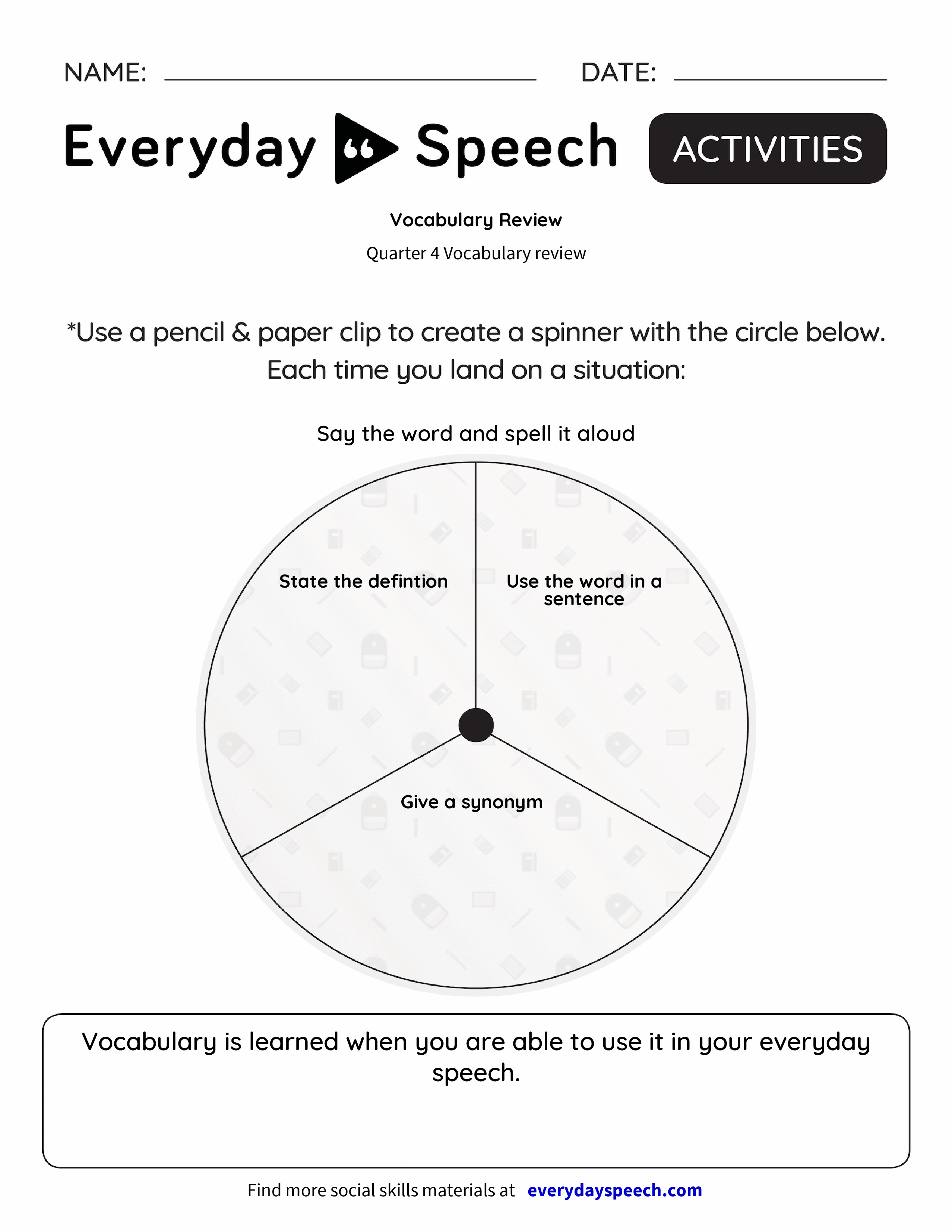 review generator worksheet vocabulary Speech   Everyday Everyday Review Vocabulary  Speech