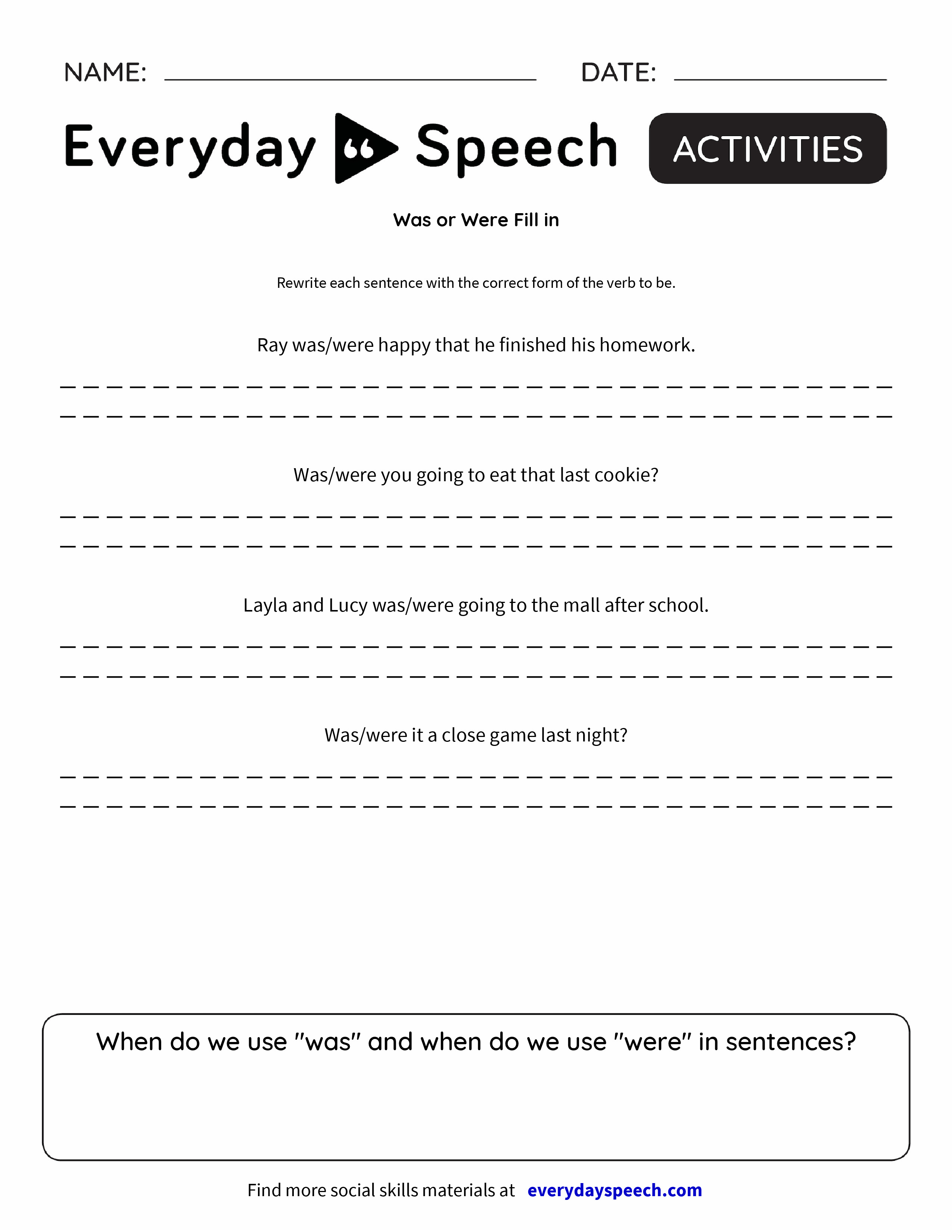 worksheet Was Were Worksheets was or were fill in everyday speech preview