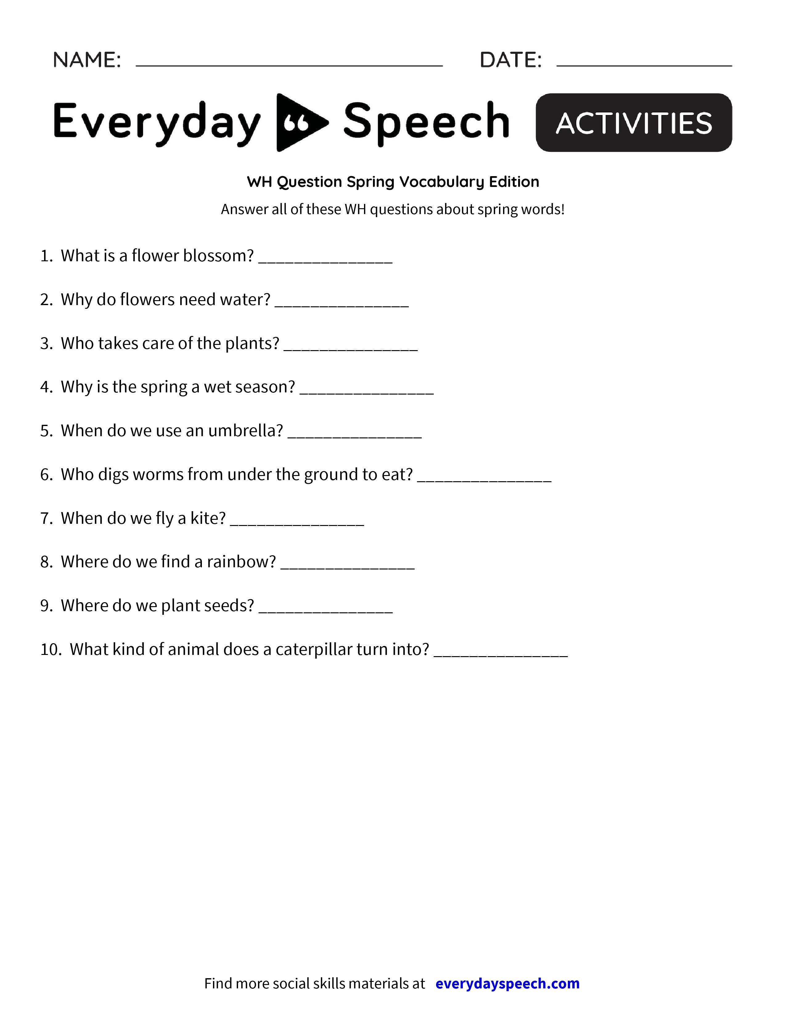 wh question spring vocabulary edition everyday speech everyday speech