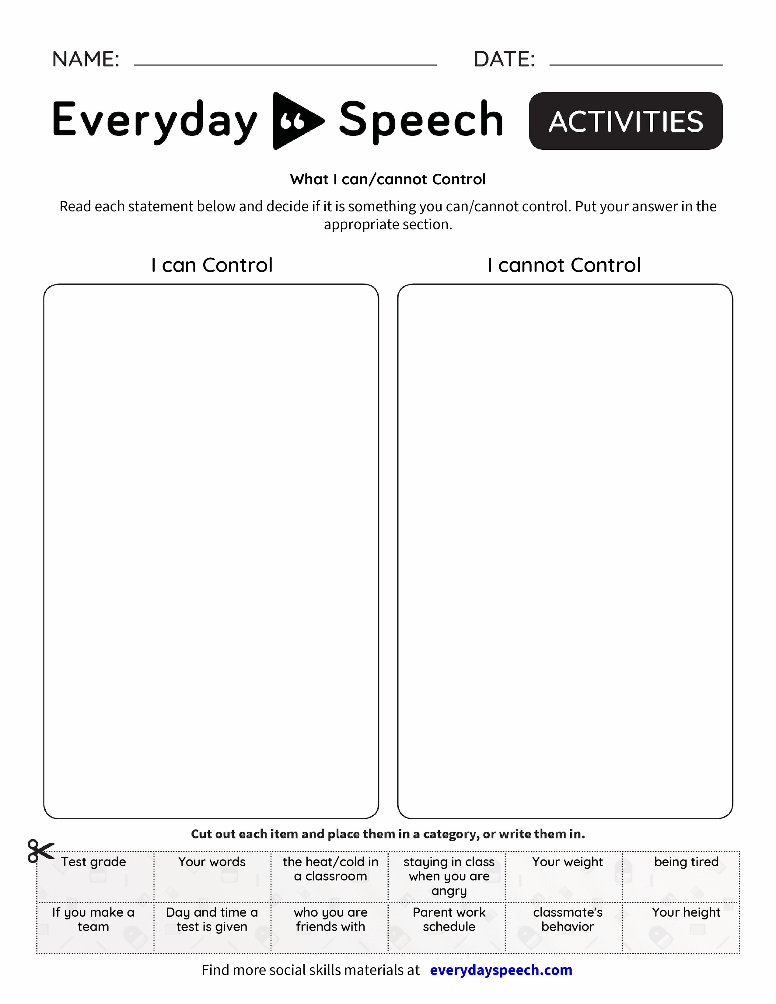 name be cannot worksheet empty What  Control Speech  Everyday  Everyday  I can/cannot Speech