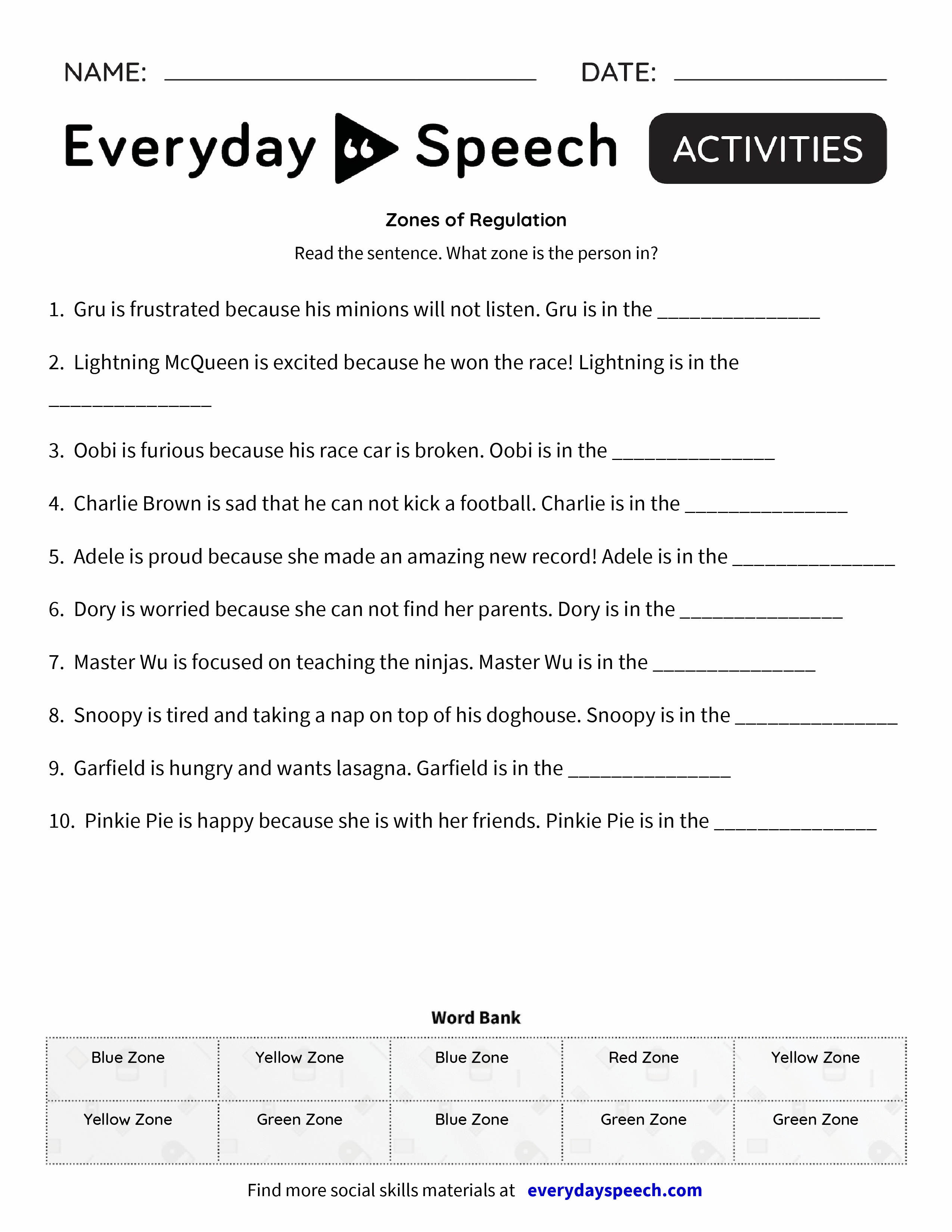 worksheet Emotion Regulation Worksheet Pdf zones of regulation everyday speech preview