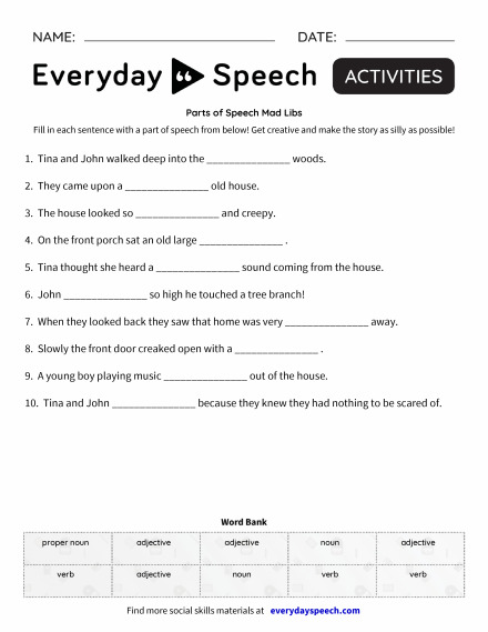 Parts of Speech Mad Libs